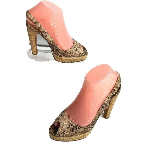 Stuart Weitzman for Scoop Snake Platform Heels Sandals Jute Straw Peep Toe Ankle - Picture 2 of 12